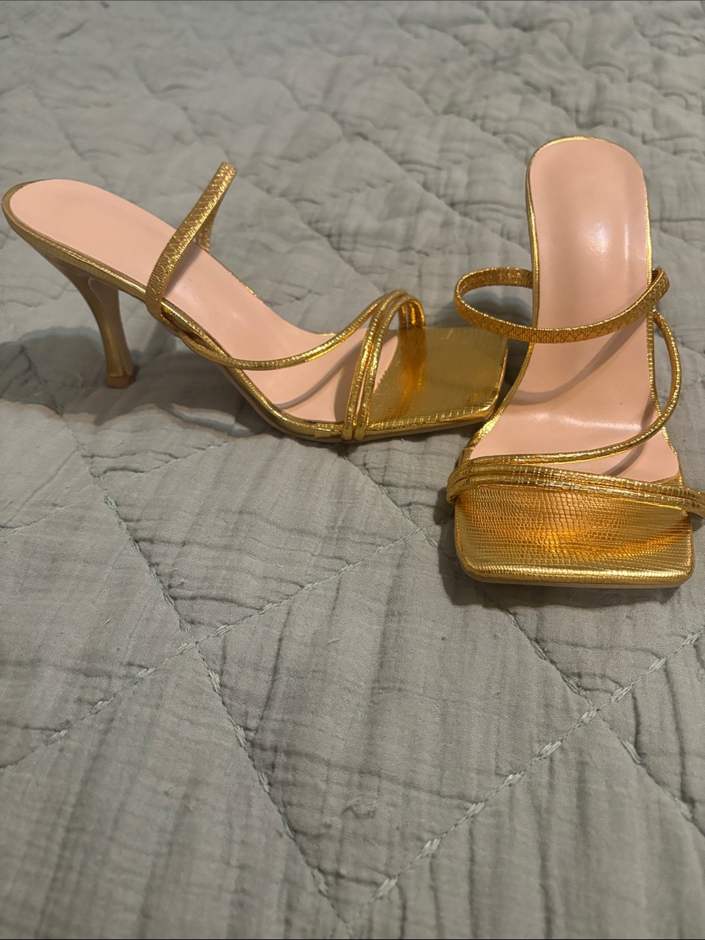 Gold Strappy High Heel Slide Sandals